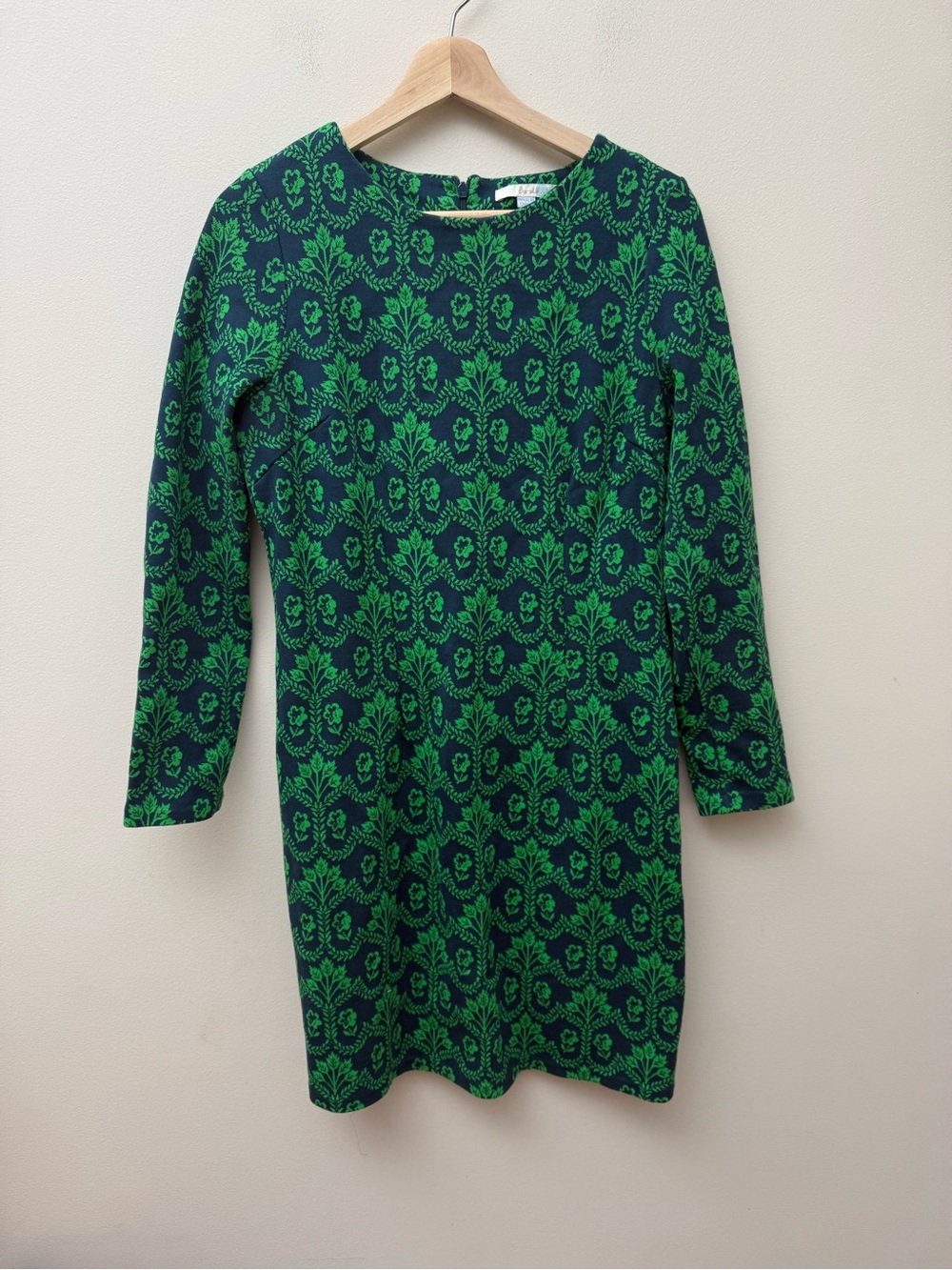 Boden Green and Navy Floral Jacquard Long-Sleeve Dress